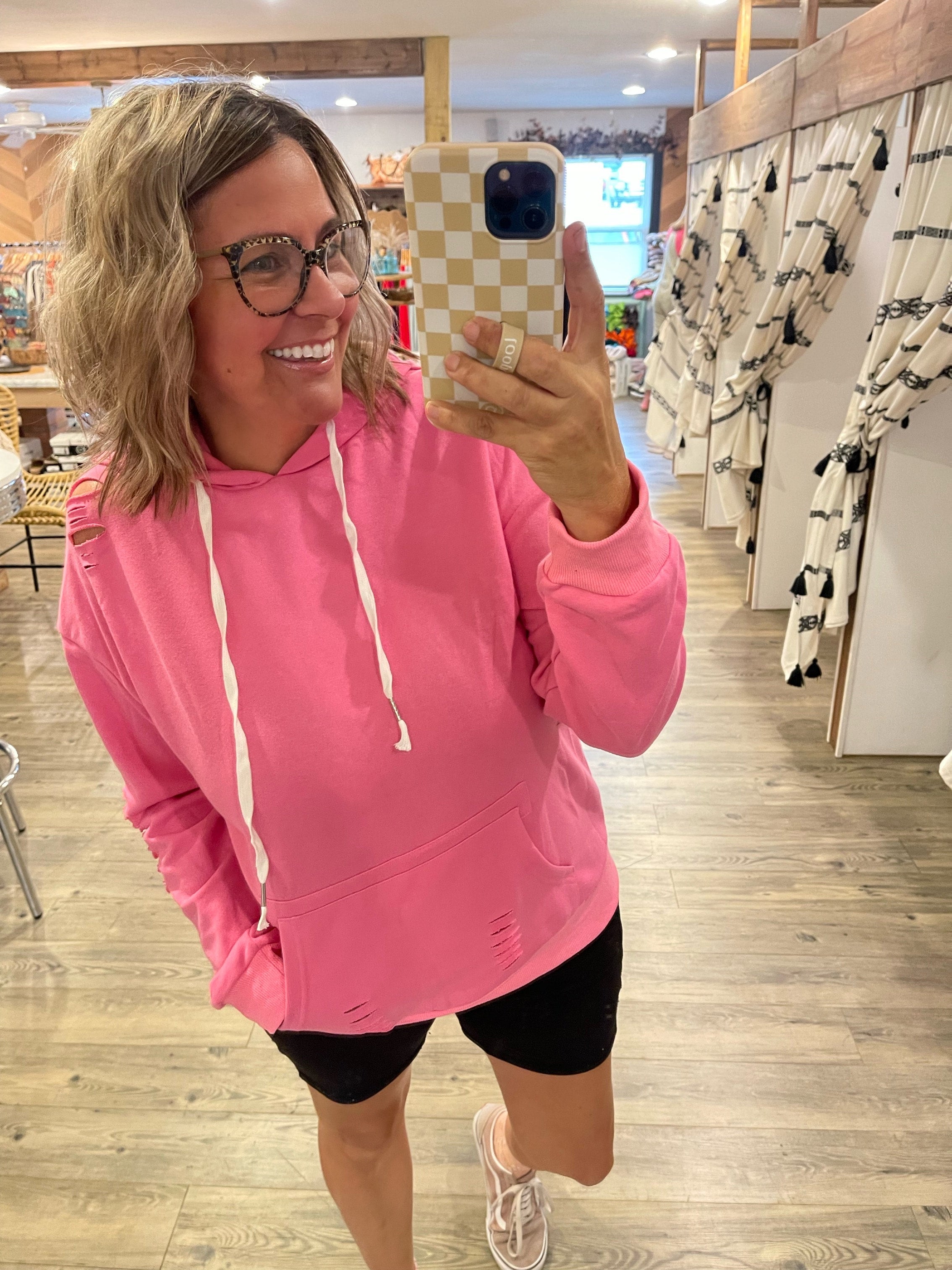 Pink distressed store hoodie
